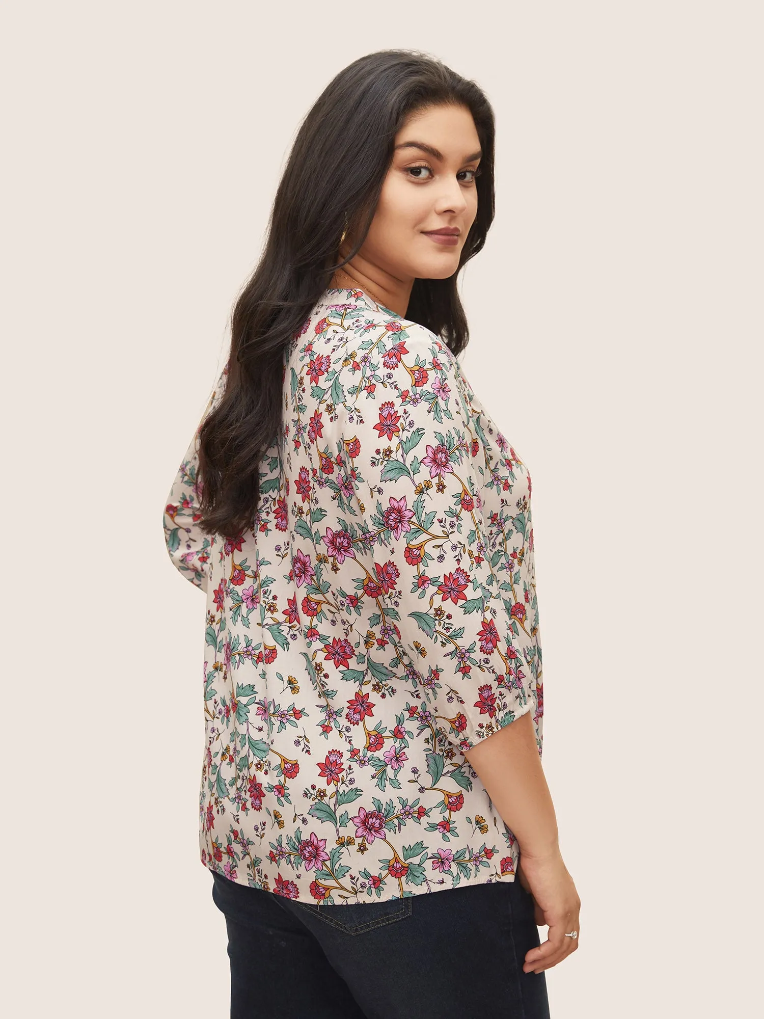 Floral Notched Pleated Lantern Sleeve Blouse sold by Bloomchic product image thumbnail 5