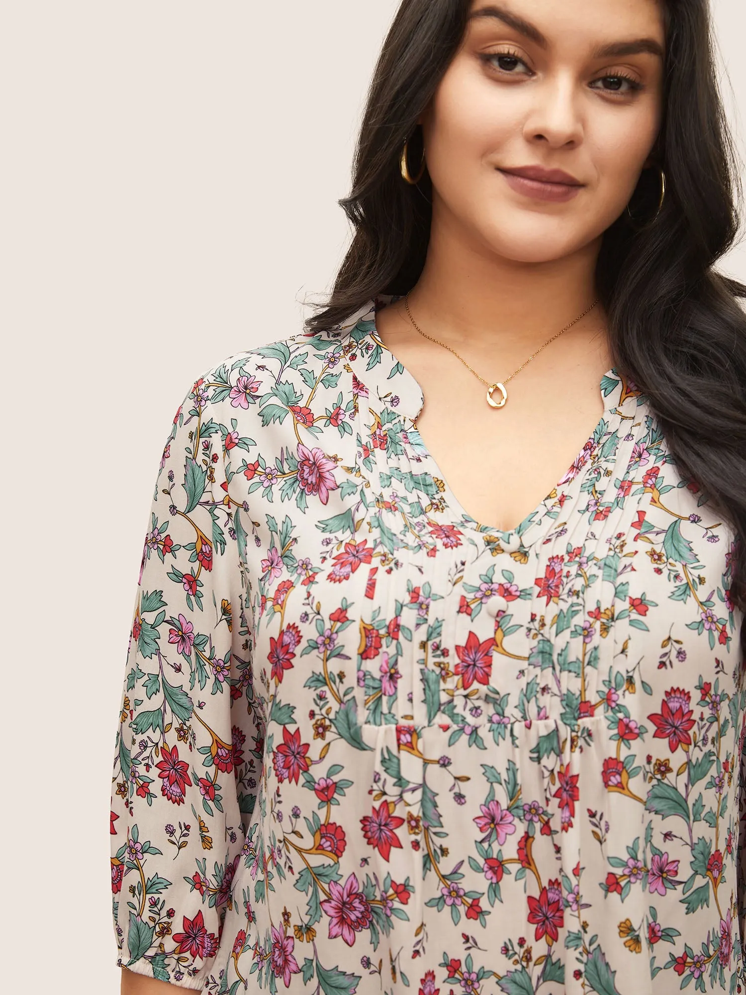 Floral Notched Pleated Lantern Sleeve Blouse sold by Bloomchic product image thumbnail 4