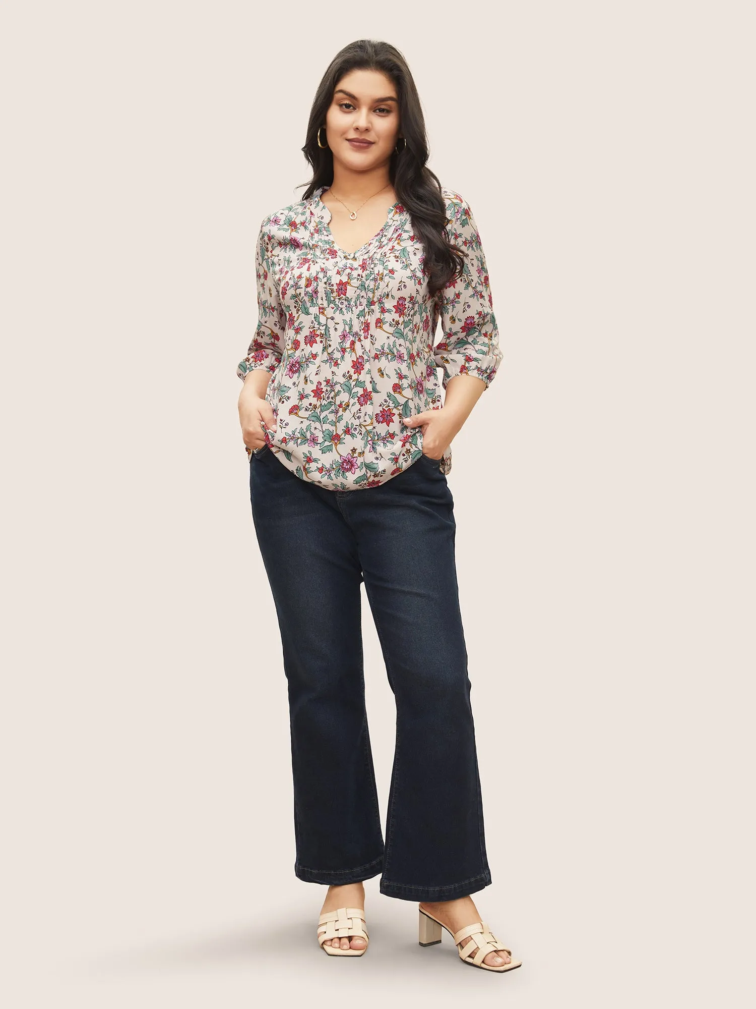 Floral Notched Pleated Lantern Sleeve Blouse sold by Bloomchic product image thumbnail 3