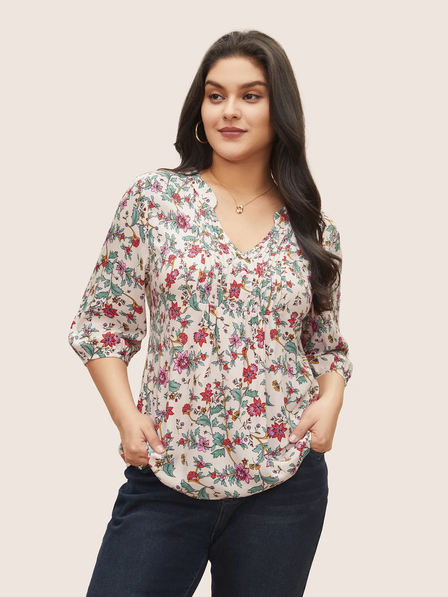 Floral Notched Pleated Lantern Sleeve Blouse sold by Bloomchic