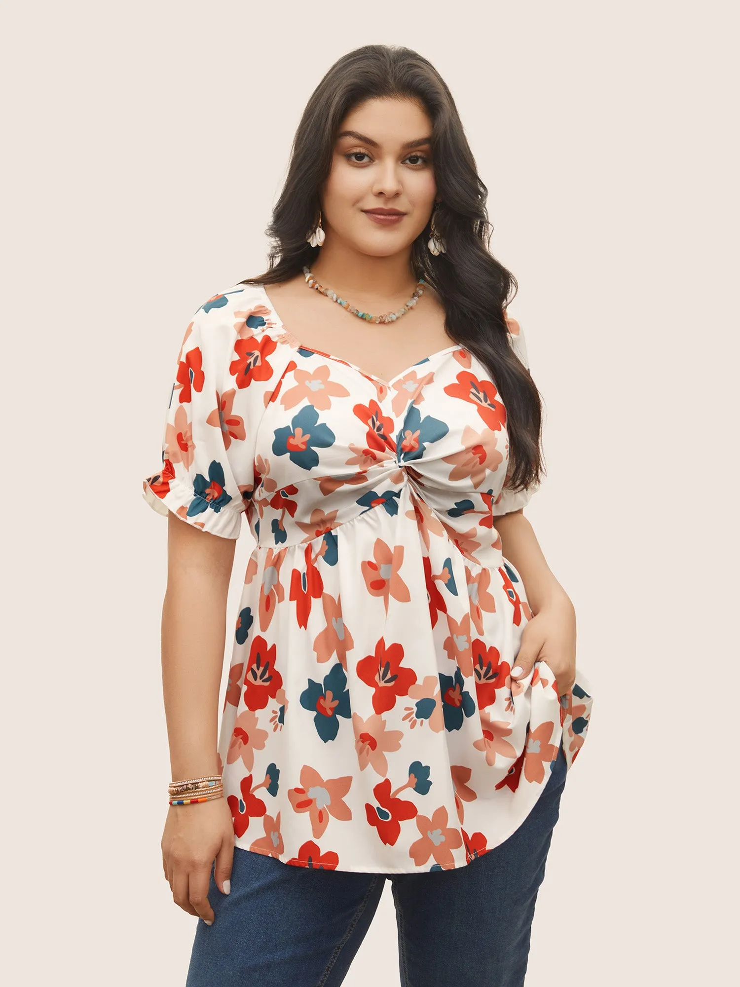 Floral Square Neck Twist Front Elastic Waist Blouse sold by Bloomchic