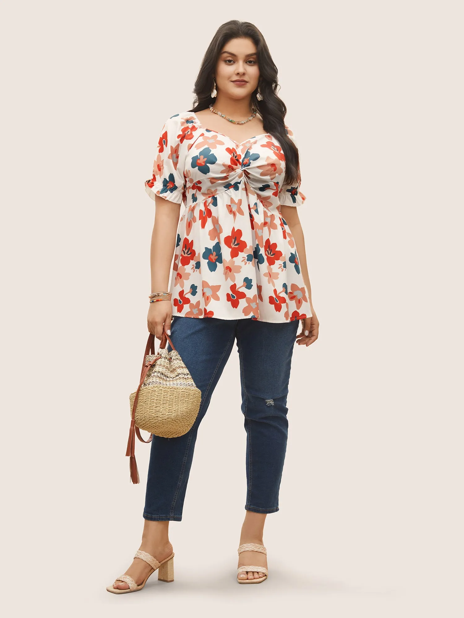 Floral Square Neck Twist Front Elastic Waist Blouse sold by Bloomchic product image thumbnail 2