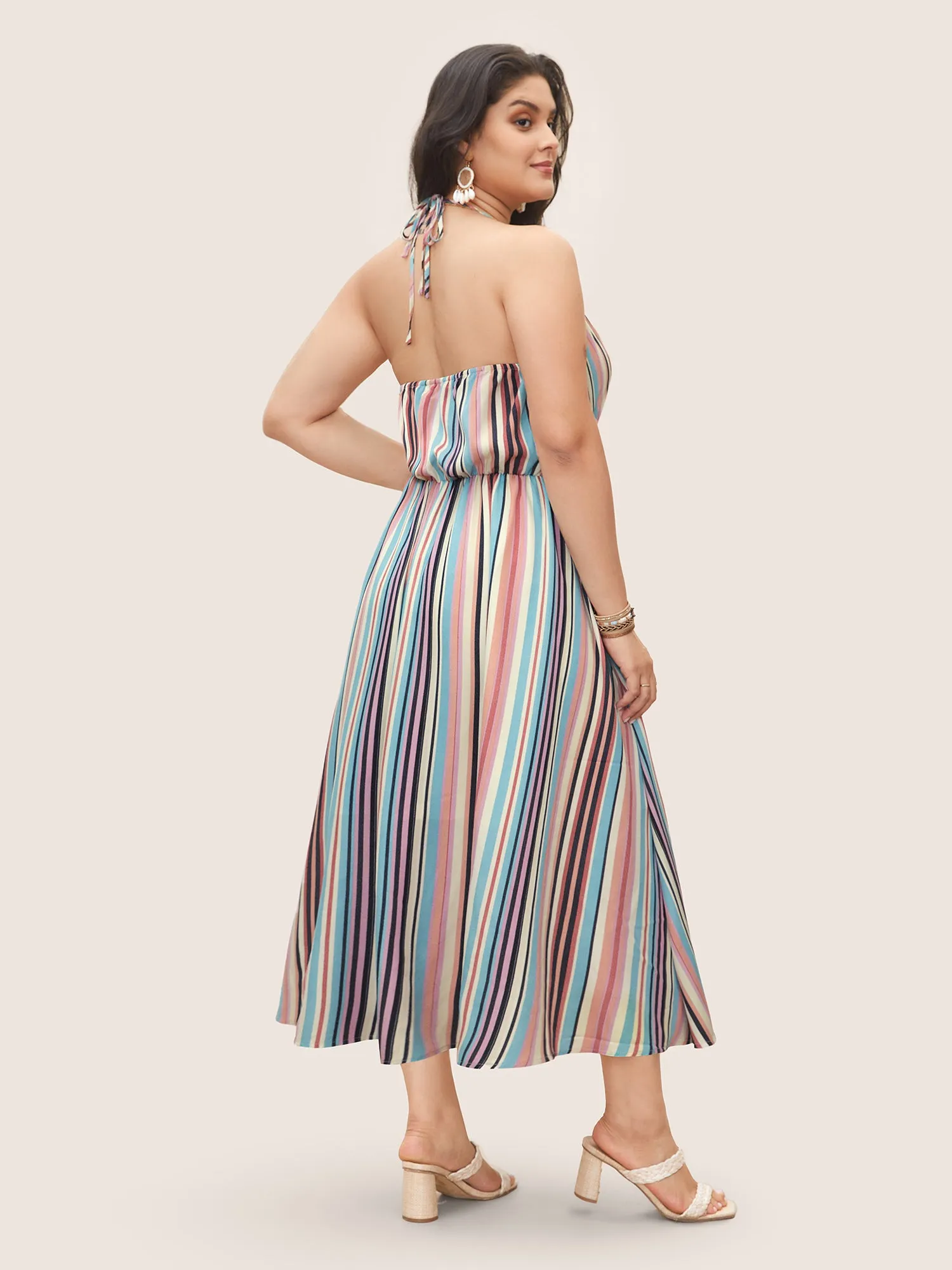 Colored Striped Halter Neck Shirred Wrap Dress sold by Bloomchic product image thumbnail 3