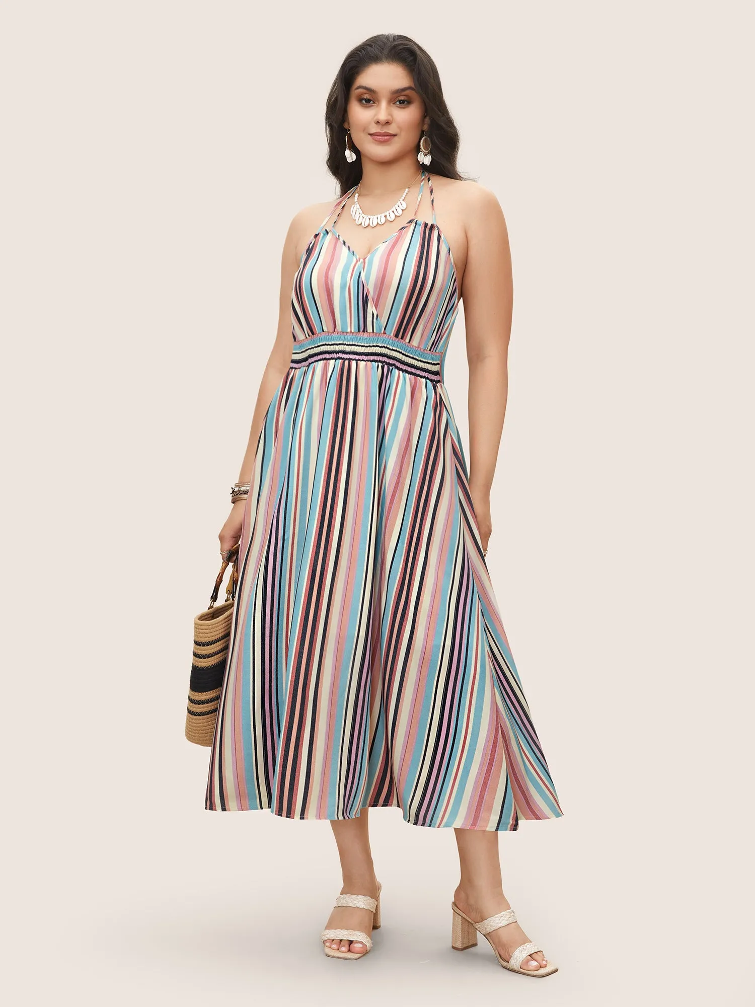 Colored Striped Halter Neck Shirred Wrap Dress sold by Bloomchic