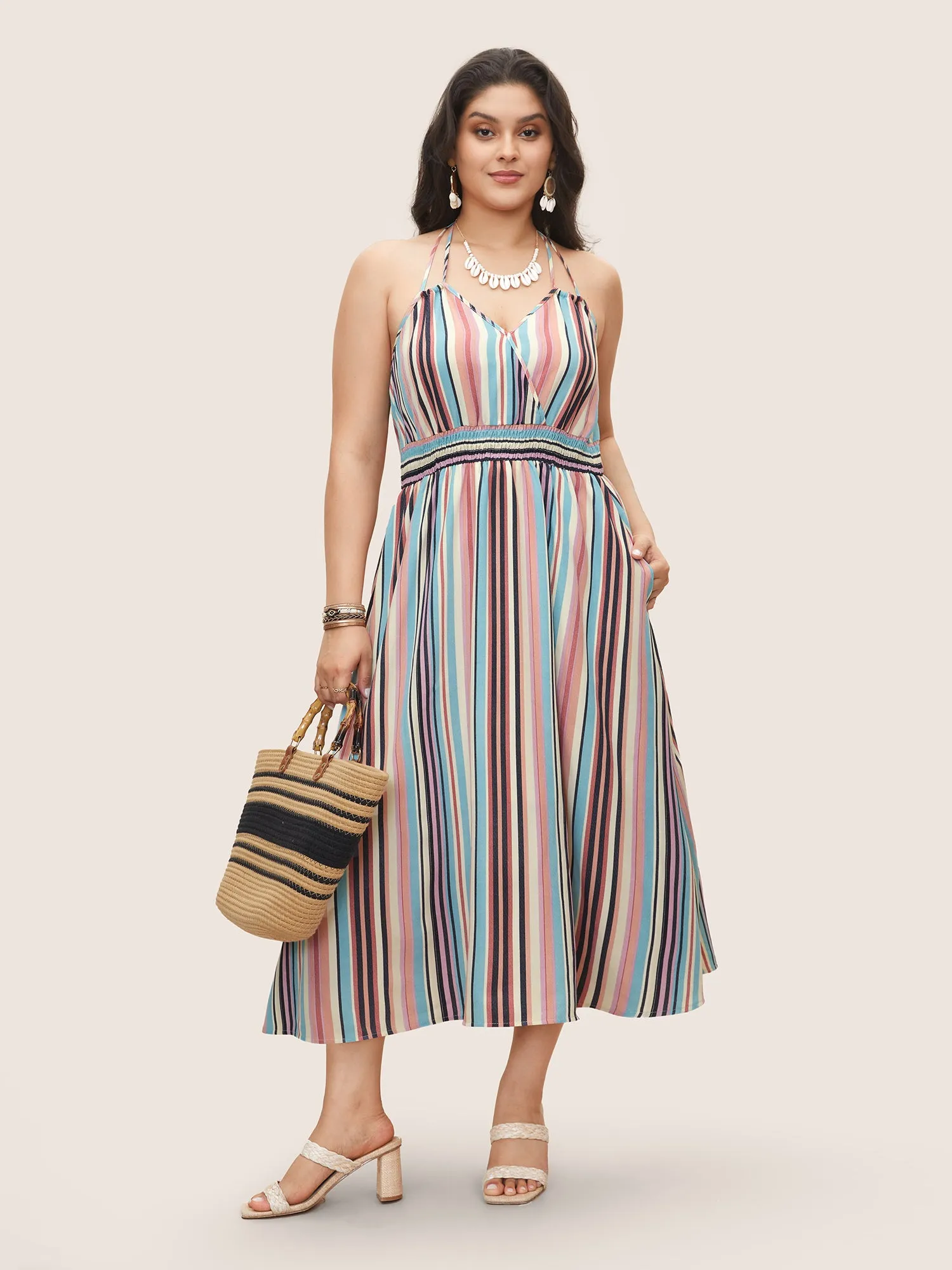 Colored Striped Halter Neck Shirred Wrap Dress sold by Bloomchic product image thumbnail 2
