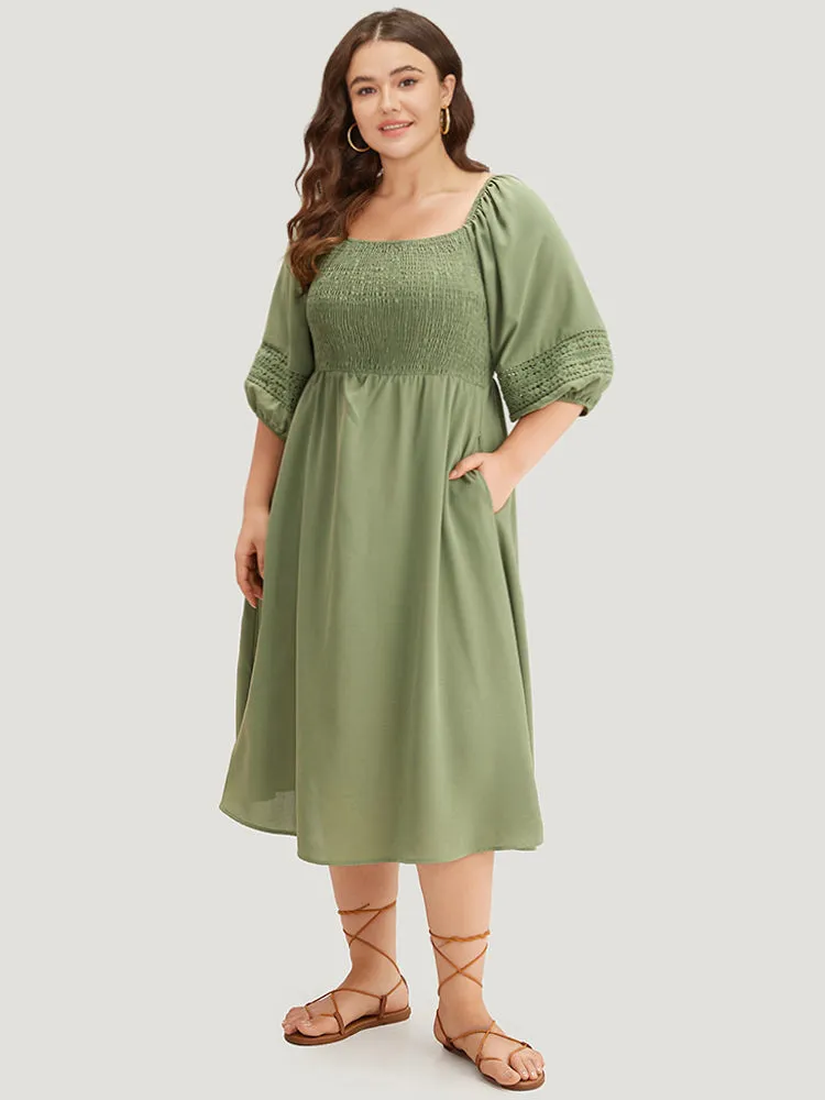 Solid Shirred Square Neck Guipure Lace Dress sold by Bloomchic product image thumbnail 4