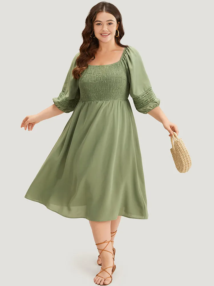 Solid Shirred Square Neck Guipure Lace Dress sold by Bloomchic