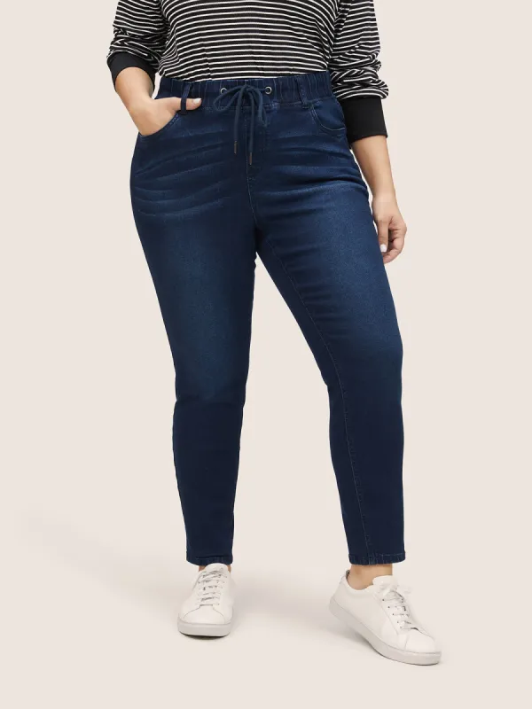 Elastic Waist Drawstring Pocket Dark Wash Jeans sold by Bloomchic