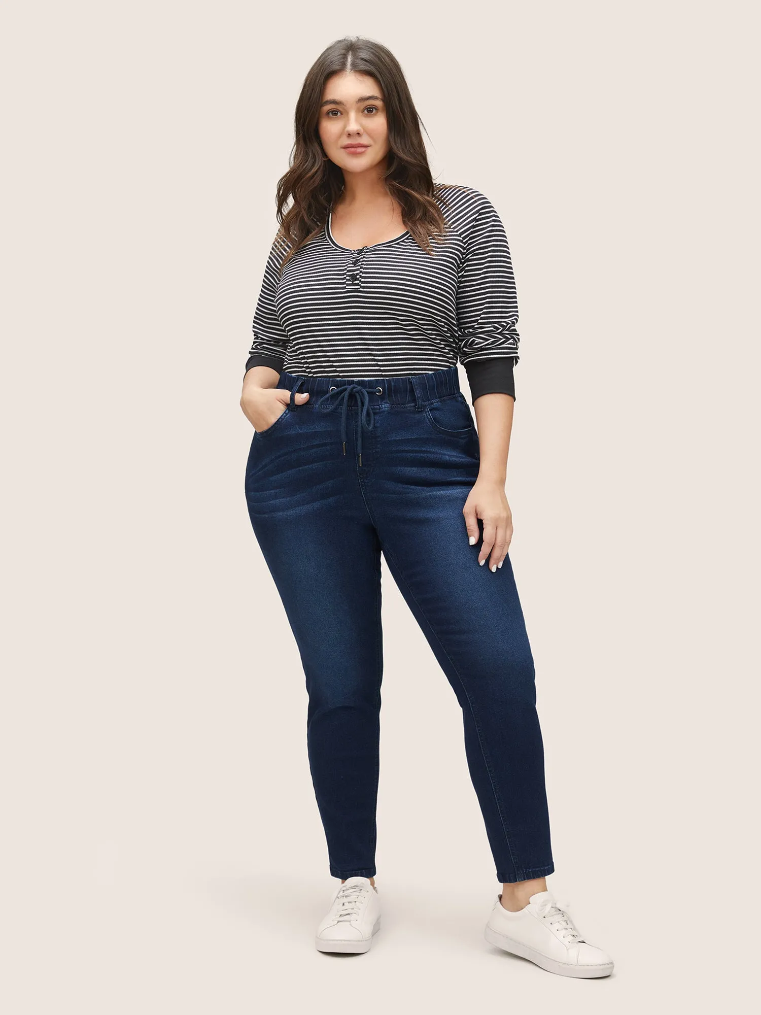 Elastic Waist Drawstring Pocket Dark Wash Jeans sold by Bloomchic product image thumbnail 2