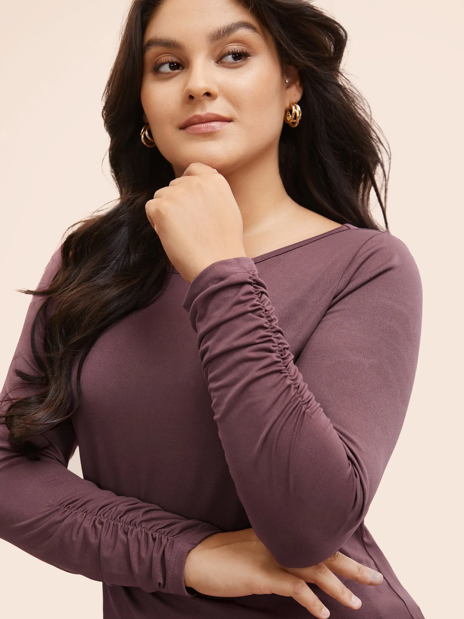 Solid Boat Neck Gathered T-shirt sold by Bloomchic