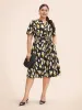 Brush Print Notched Belted Ruffle Sleeve Dress sold by Bloomchic