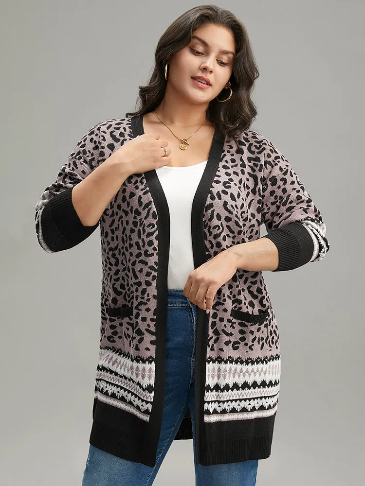 Leopard Print Pocket Contrast Trim Cardigan sold by Bloomchic