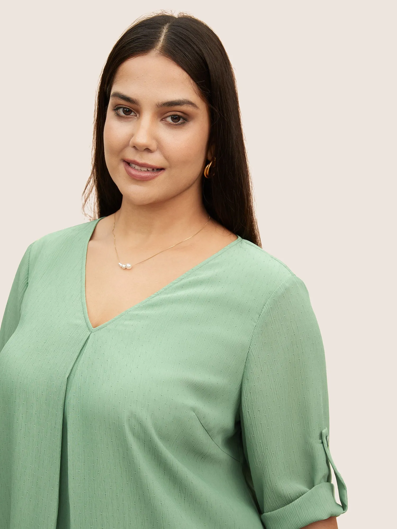 V Neck Plain Pleated Tab Sleeve Blouse sold by Bloomchic product image thumbnail 5