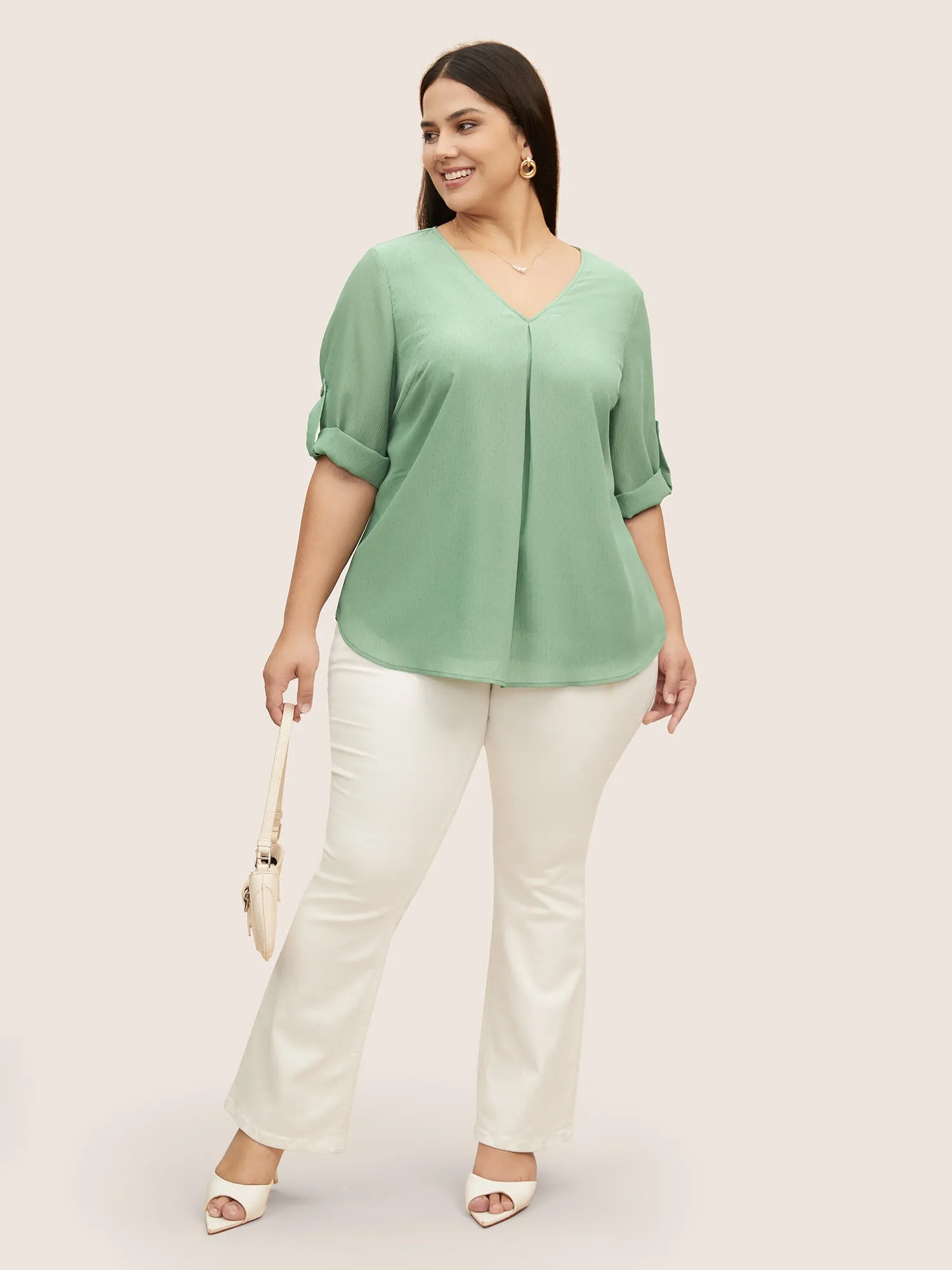 V Neck Plain Pleated Tab Sleeve Blouse sold by Bloomchic product image thumbnail 3