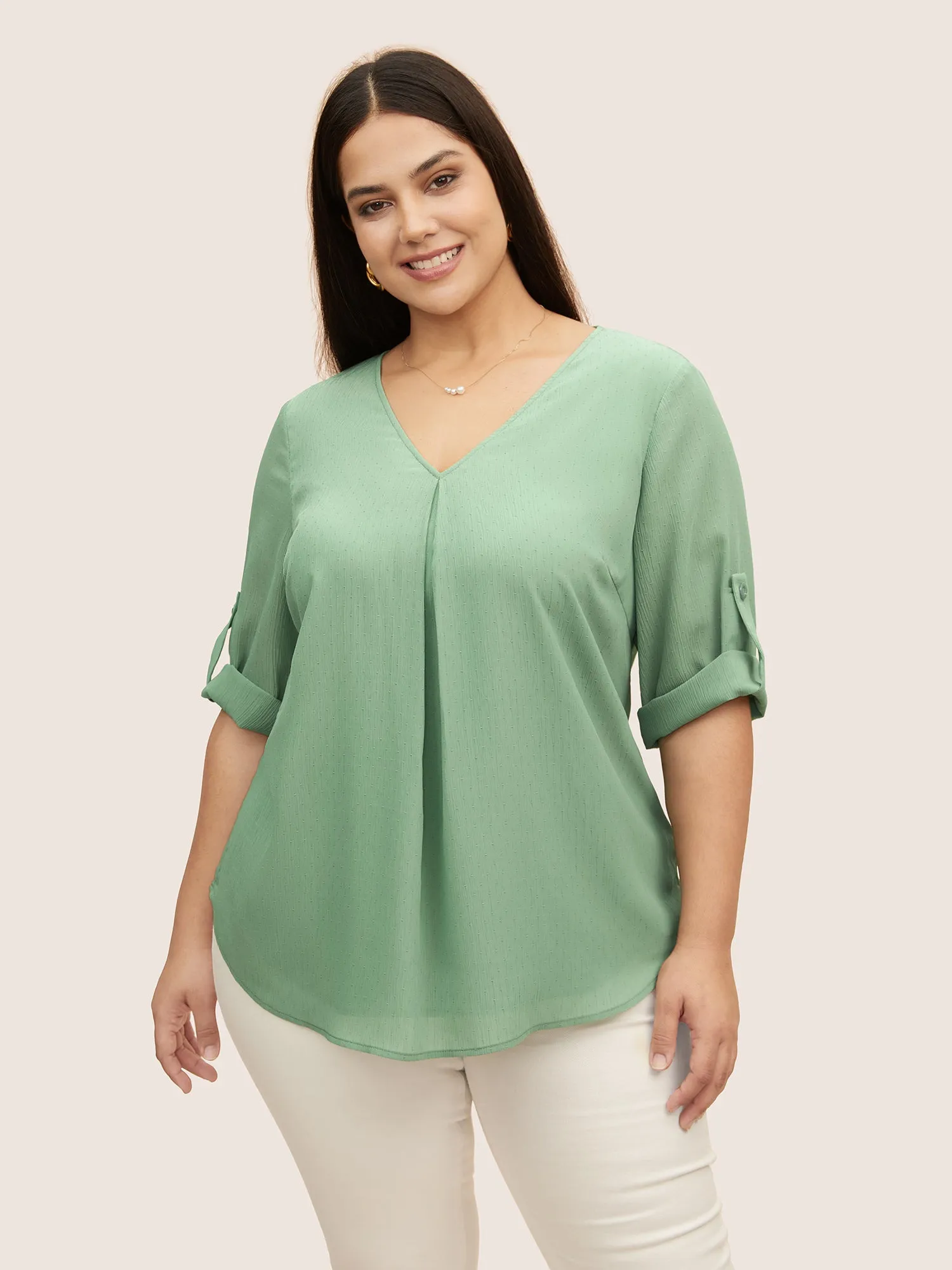 V Neck Plain Pleated Tab Sleeve Blouse sold by Bloomchic