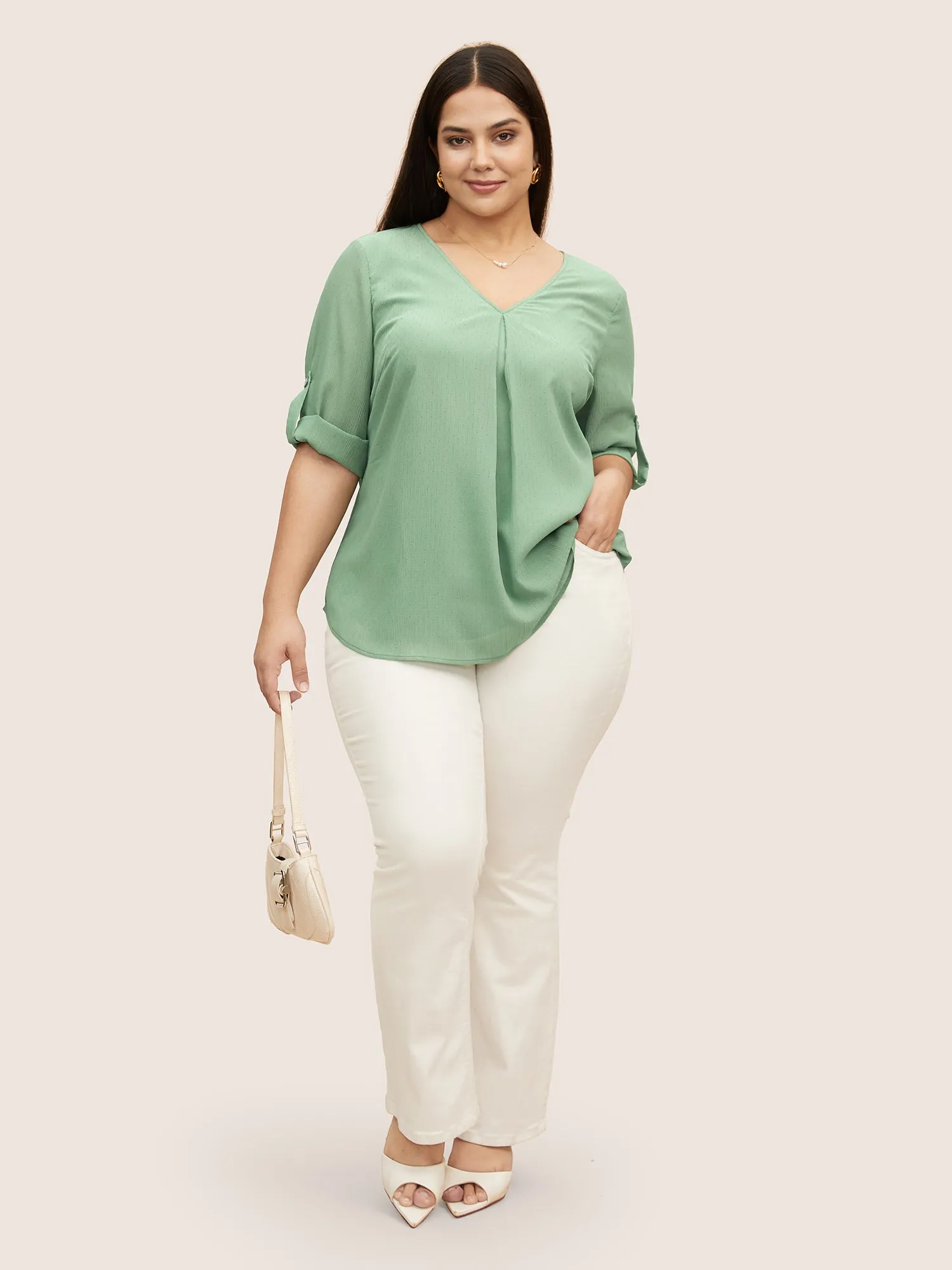 V Neck Plain Pleated Tab Sleeve Blouse sold by Bloomchic product image thumbnail 2