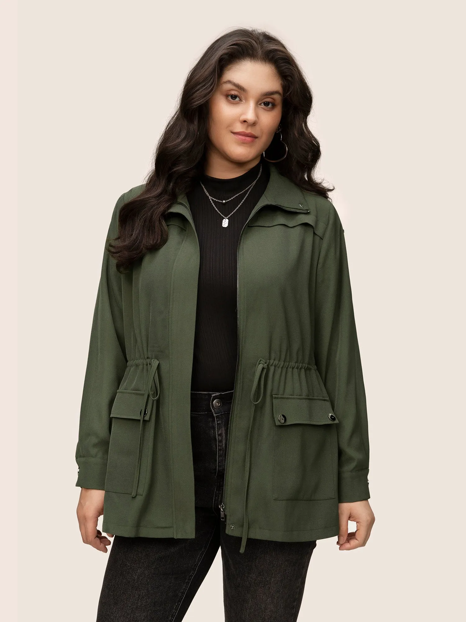 Solid Twill Drawstring Zipper Flap Pocket Jacket sold by Bloomchic