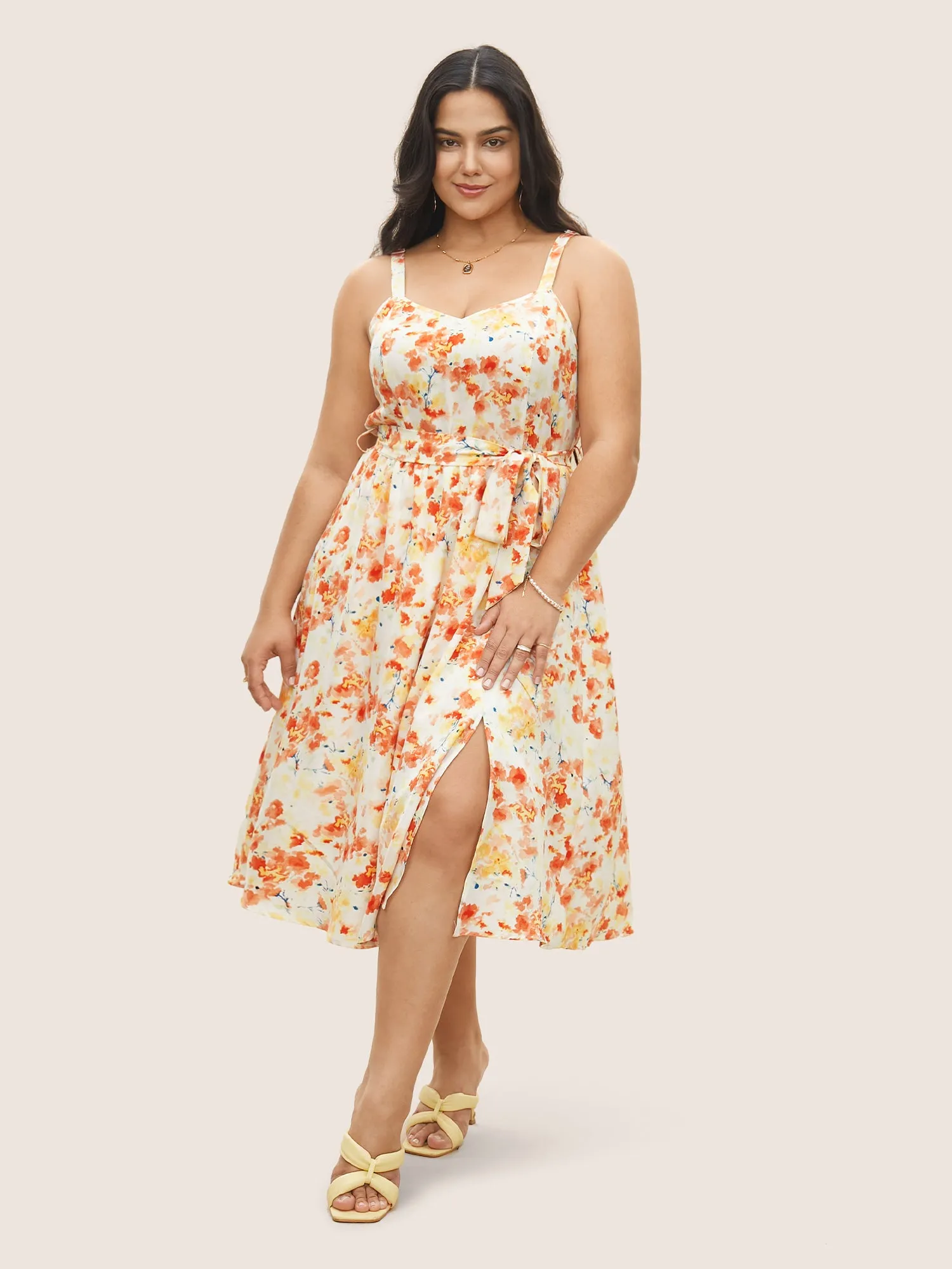 Ditsy Floral Elastic Waist Belted Adjustable Straps Dress sold by Bloomchic