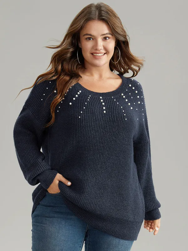 Beaded Round Neck Elastic Cuffs Pullover sold by Bloomchic