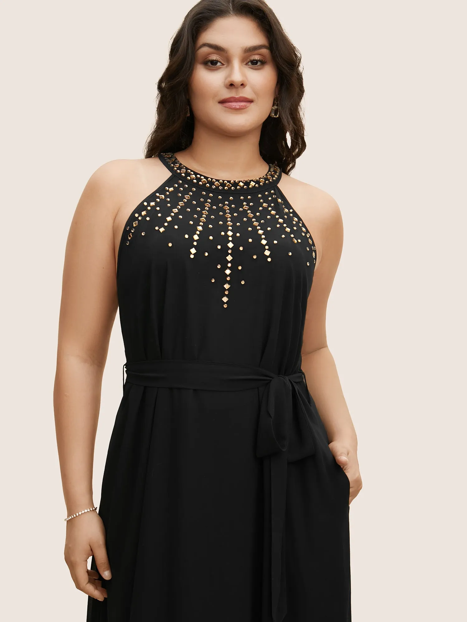 Halter Neck Rhinestone Detail Asymmetrical Hem Dress sold by Bloomchic product image thumbnail 2