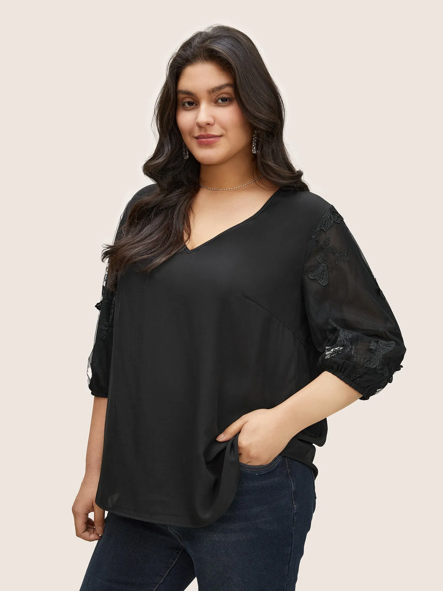Plain Embroidered Bowknot Mesh Blouse sold by Bloomchic