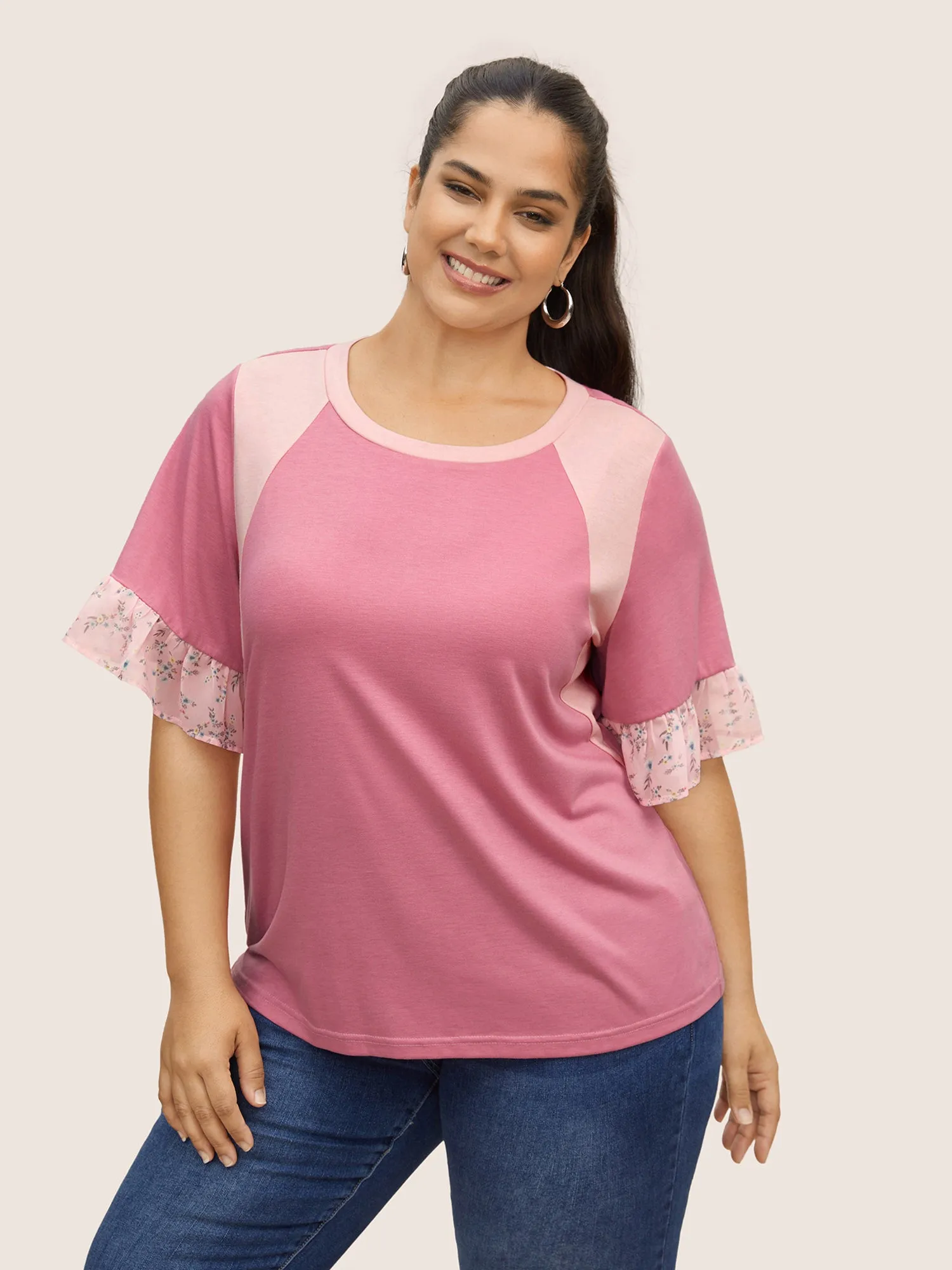 Floral Patchwork Contrast Ruffles T-shirt sold by Bloomchic