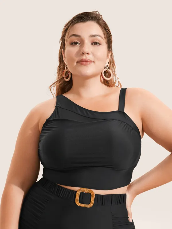 Asymmetrical Neck Mesh Patchwork Swim Top sold by Bloomchic