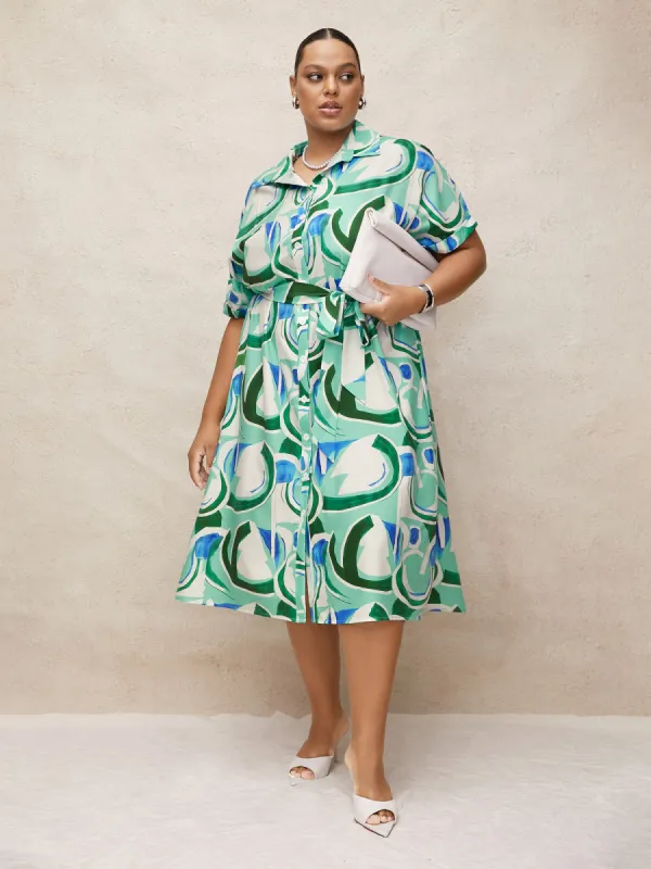 Geometric Elastic Waist Drop Shoulder Sleeve Midi Dress sold by Bloomchic