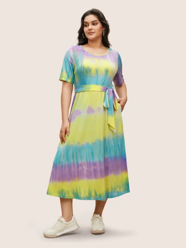 Round Neck Tie Dye Belted Pocket Dress sold by Bloomchic