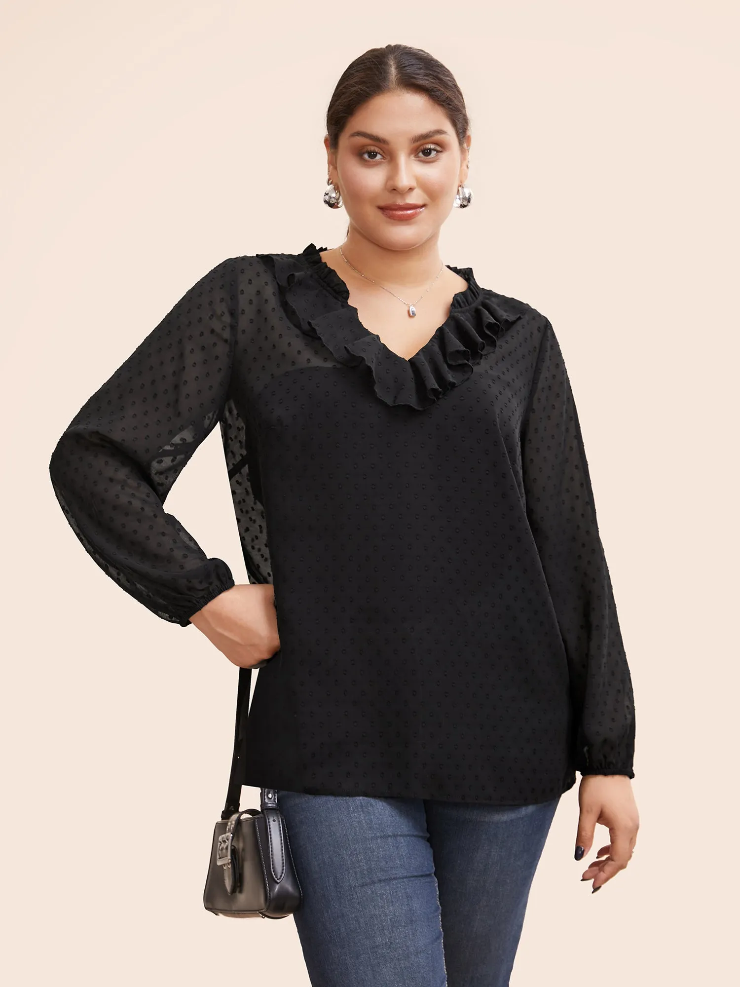 Chiffon Textured Ruffle Trim Blouse sold by Bloomchic