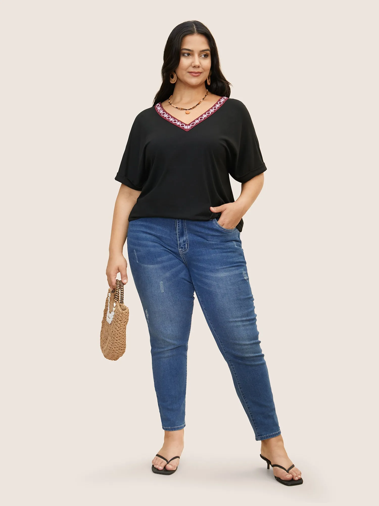 V Neck Block Weave Trim Batwing Sleeve T-shirt sold by Bloomchic product image thumbnail 3