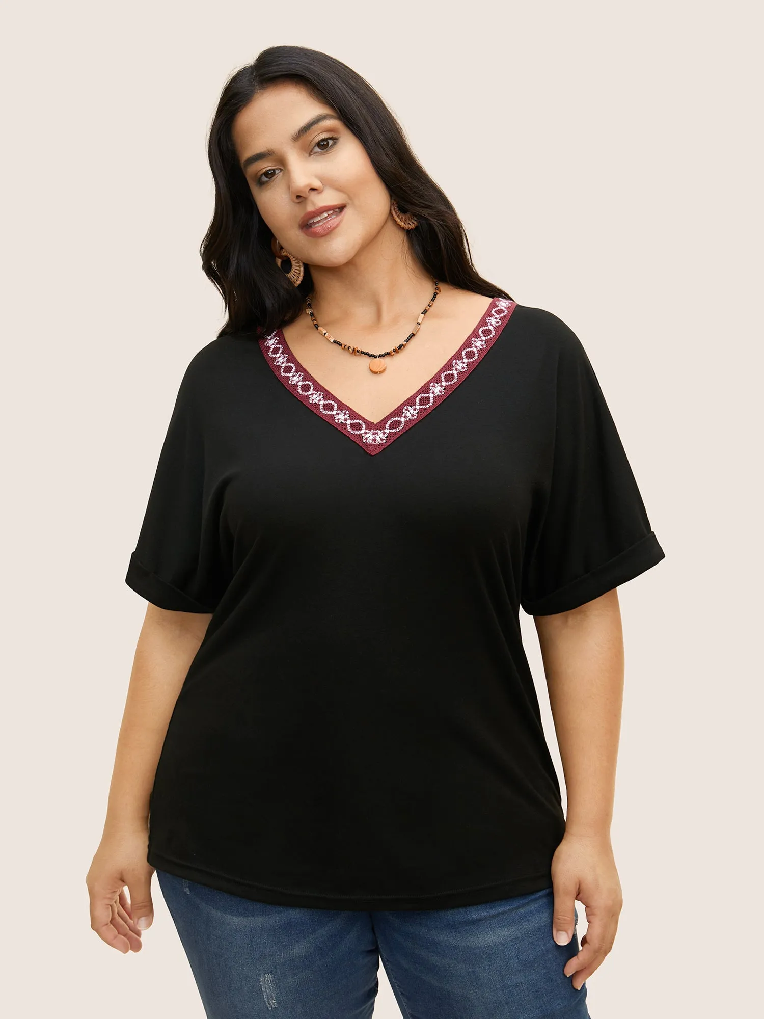 V Neck Block Weave Trim Batwing Sleeve T-shirt sold by Bloomchic