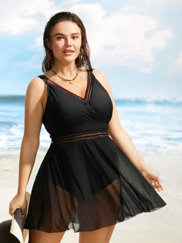 Overlap Collar See Through Patchwork Swim Dress sold by Bloomchic