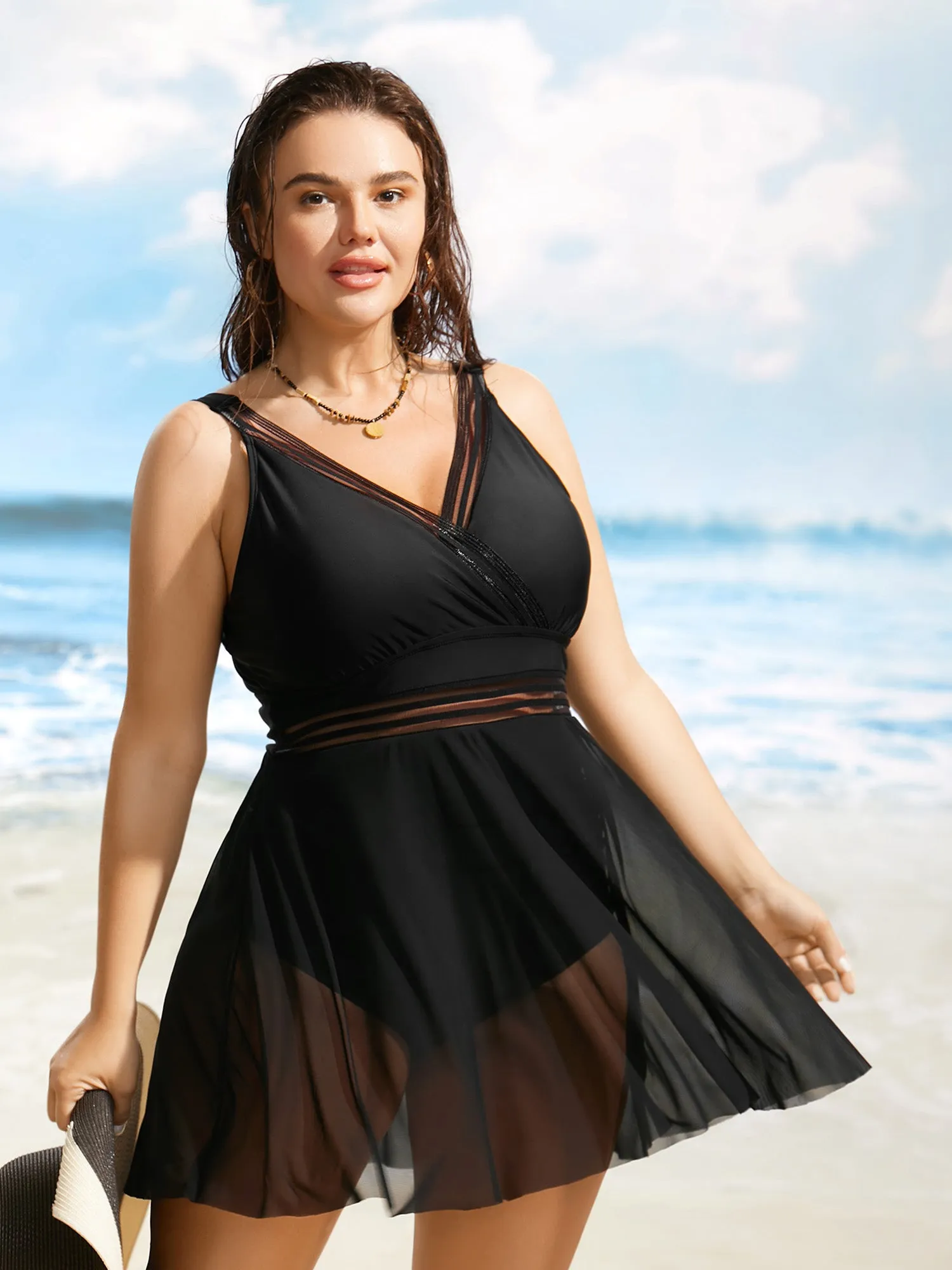 Overlap Collar See Through Patchwork Swim Dress sold by Bloomchic