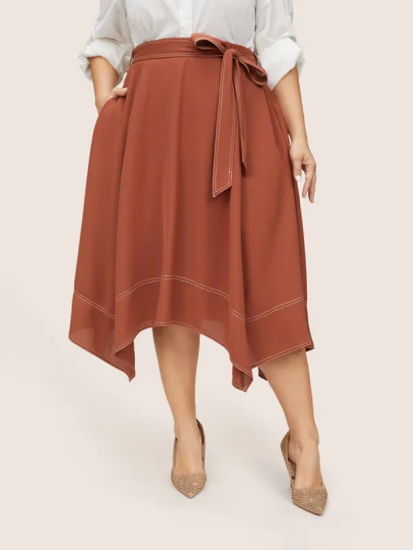 Contrast Trim Bowknot Belted Asymmetrical Hem Skirt sold by Bloomchic