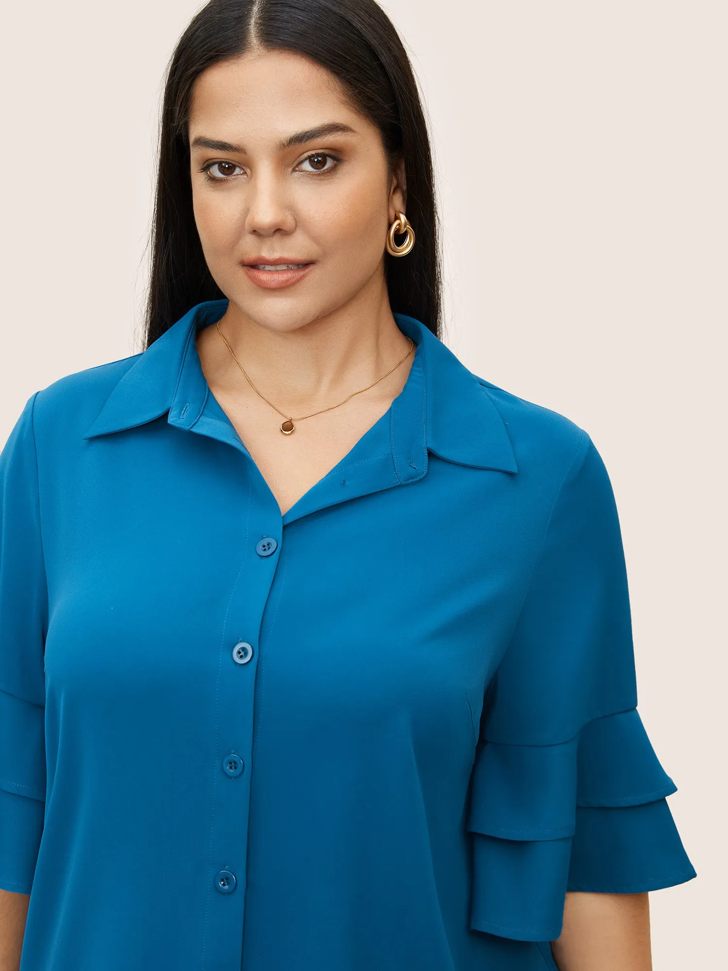 Plain Shirt Collar Tiered Flutter Sleeve Blouse sold by Bloomchic product image thumbnail 4