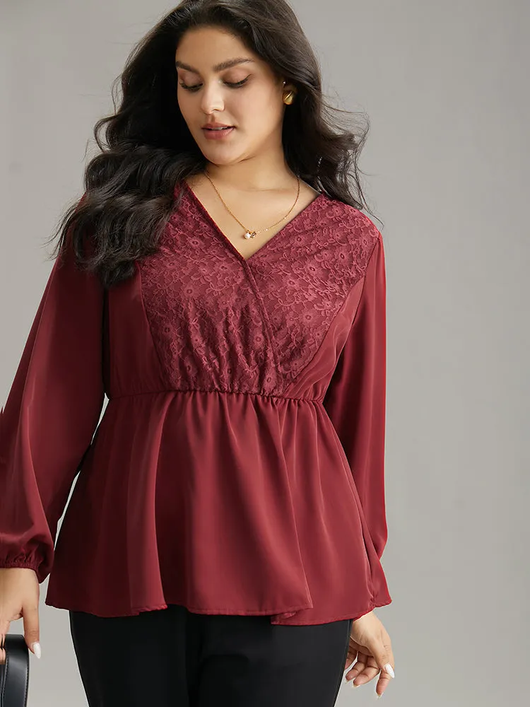 Static-Free Contrast Lace Lantern Sleeve Blouse sold by Bloomchic