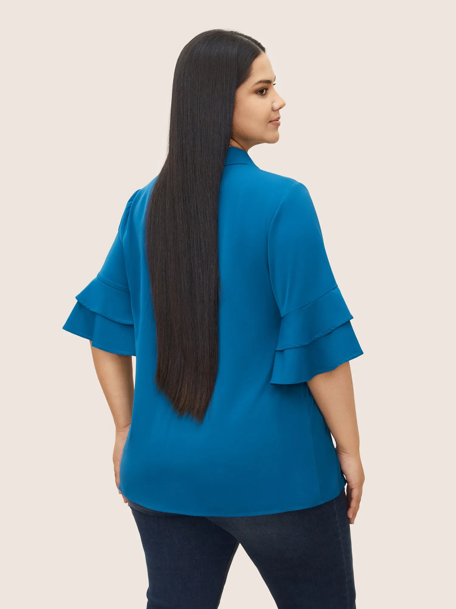 Plain Shirt Collar Tiered Flutter Sleeve Blouse sold by Bloomchic product image thumbnail 3