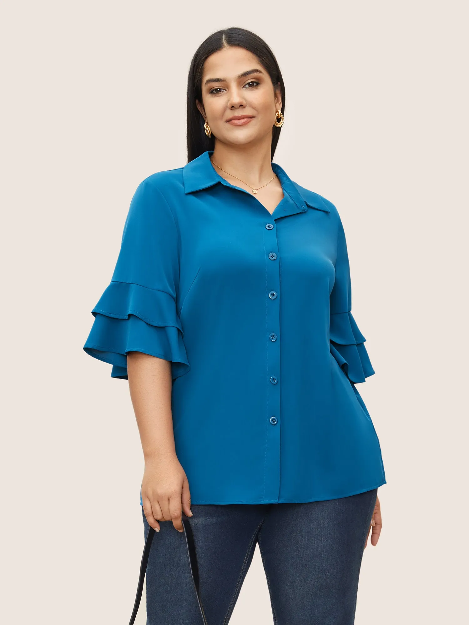 Plain Shirt Collar Tiered Flutter Sleeve Blouse sold by Bloomchic