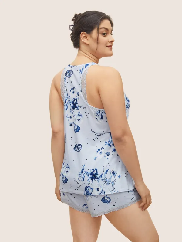 Floral Print Lace Patchwork Pajama Sets sold by Bloomchic