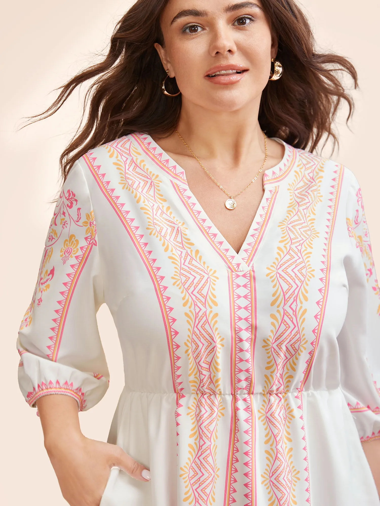 Bandana Notched Collar Lantern Sleeve Dress sold by Bloomchic product image thumbnail 4