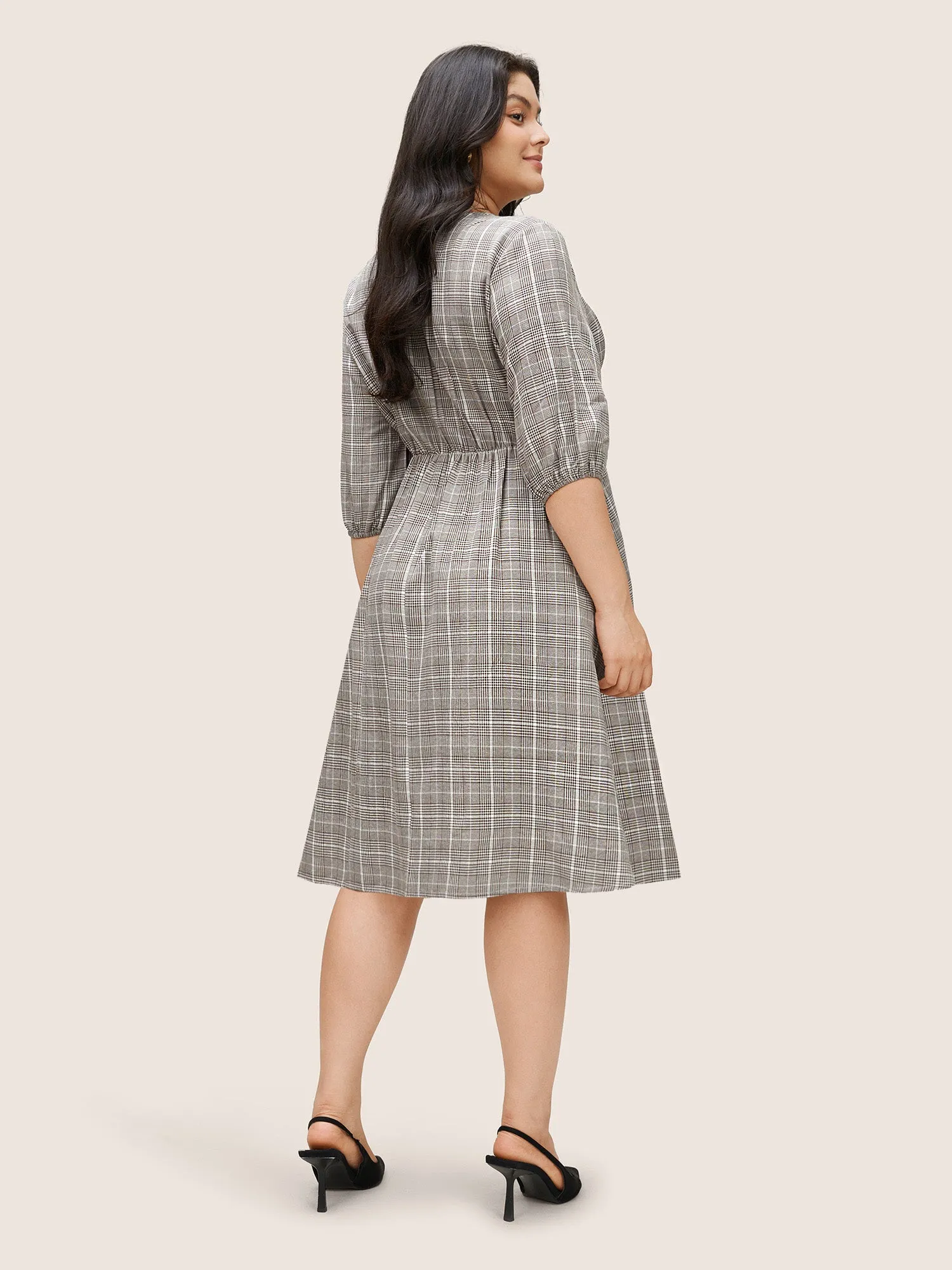 Plaid Button Detail Pocket Lantern Sleeve Dress sold by Bloomchic product image thumbnail 3