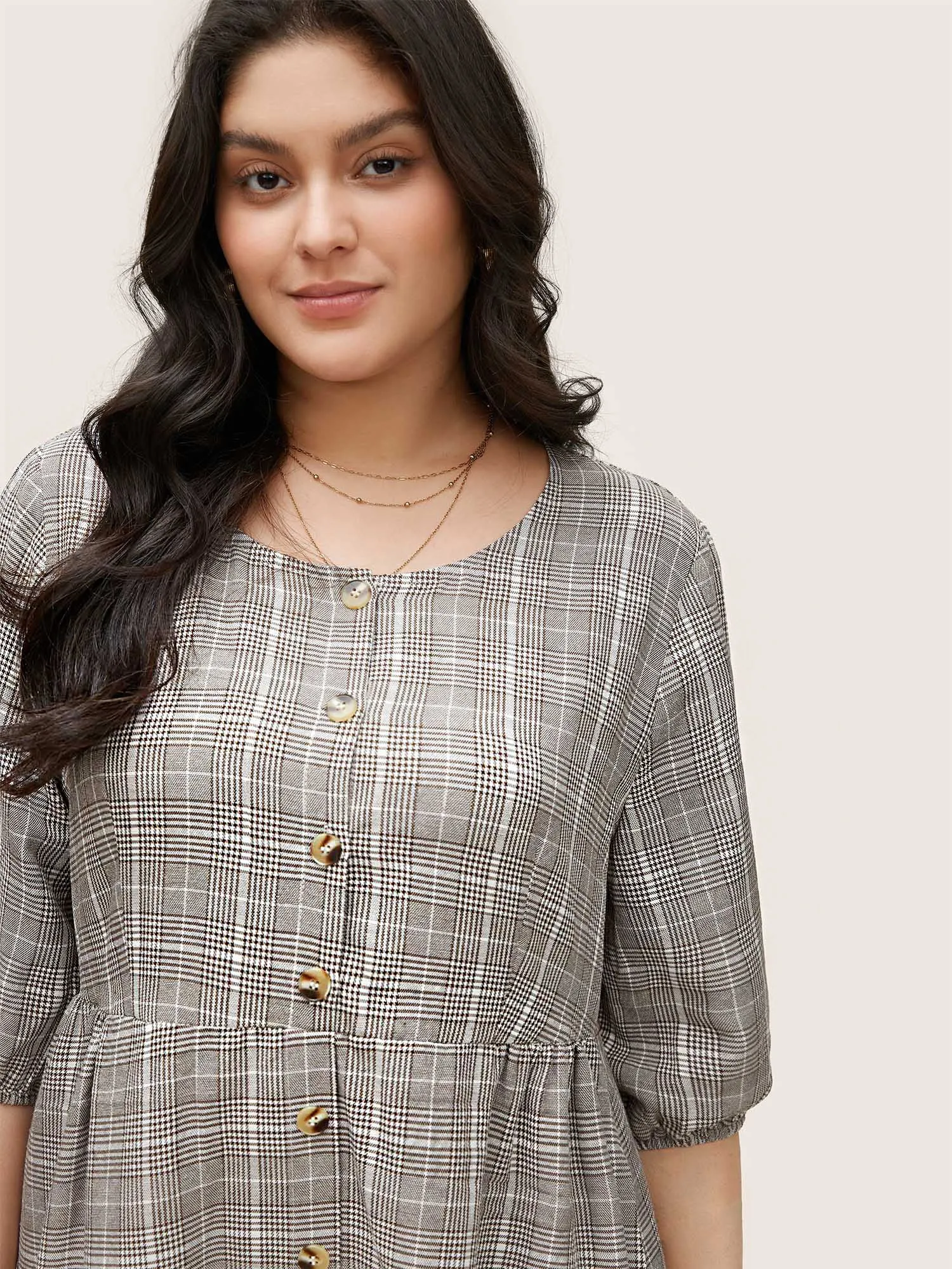 Plaid Button Detail Pocket Lantern Sleeve Dress sold by Bloomchic product image thumbnail 4