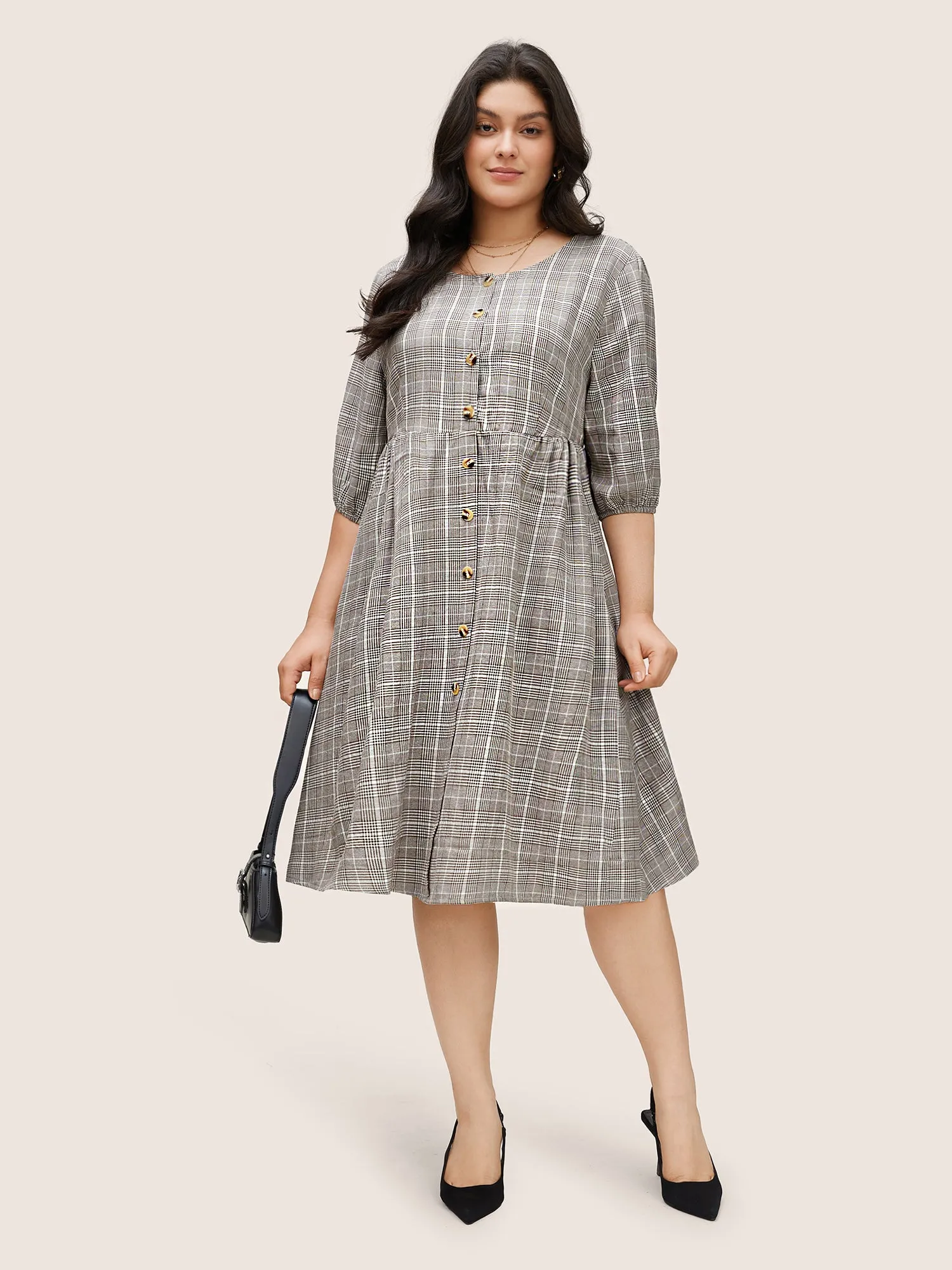 Plaid Button Detail Pocket Lantern Sleeve Dress sold by Bloomchic