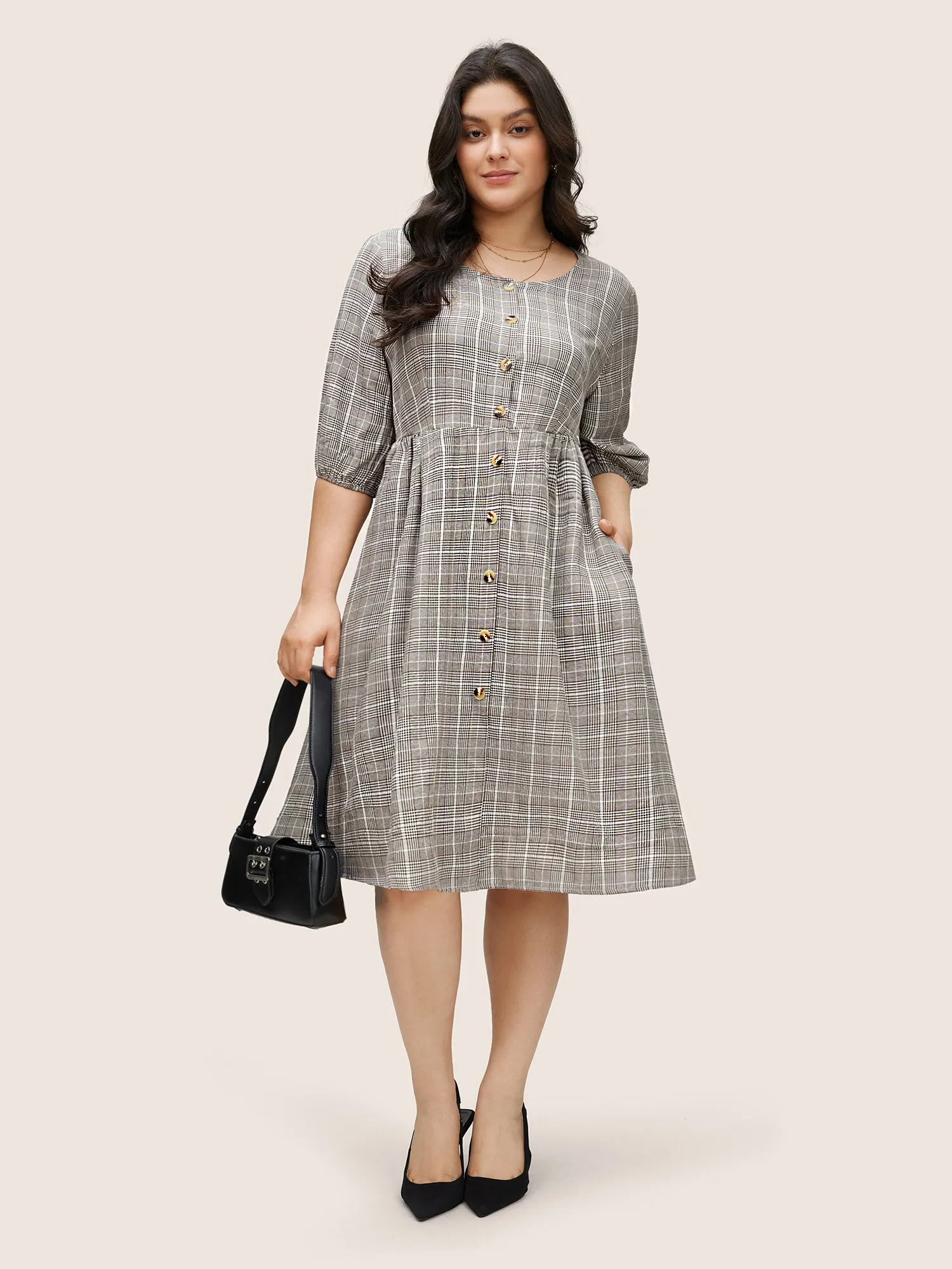 Plaid Button Detail Pocket Lantern Sleeve Dress sold by Bloomchic product image thumbnail 2
