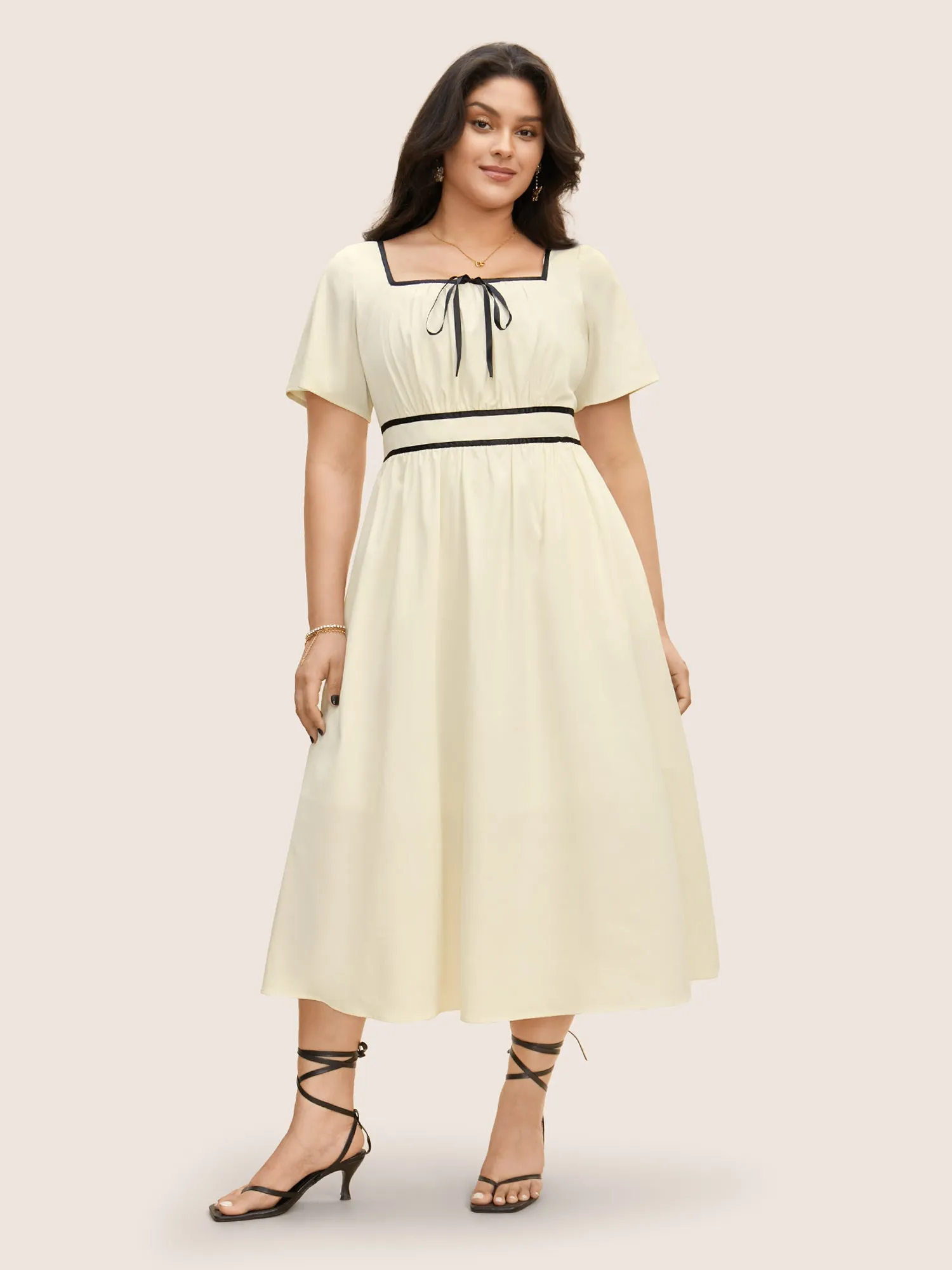 Contrast Trim Tie Knot Elastic Waist Dress sold by Bloomchic product image thumbnail 3