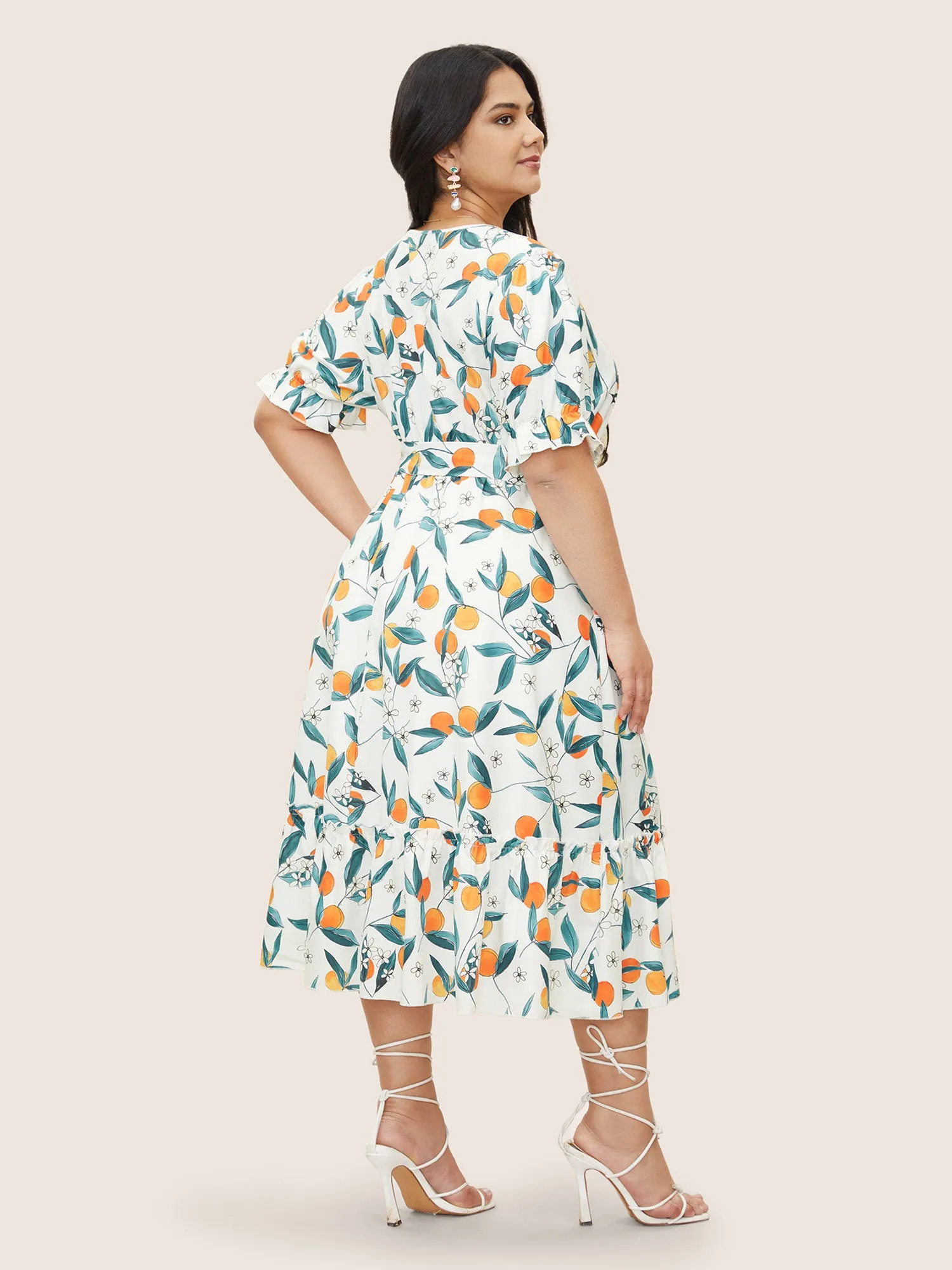 Citrus Orange Print Overlap Collar Frill Trim Split Hem Dress sold by Bloomchic product image thumbnail 3