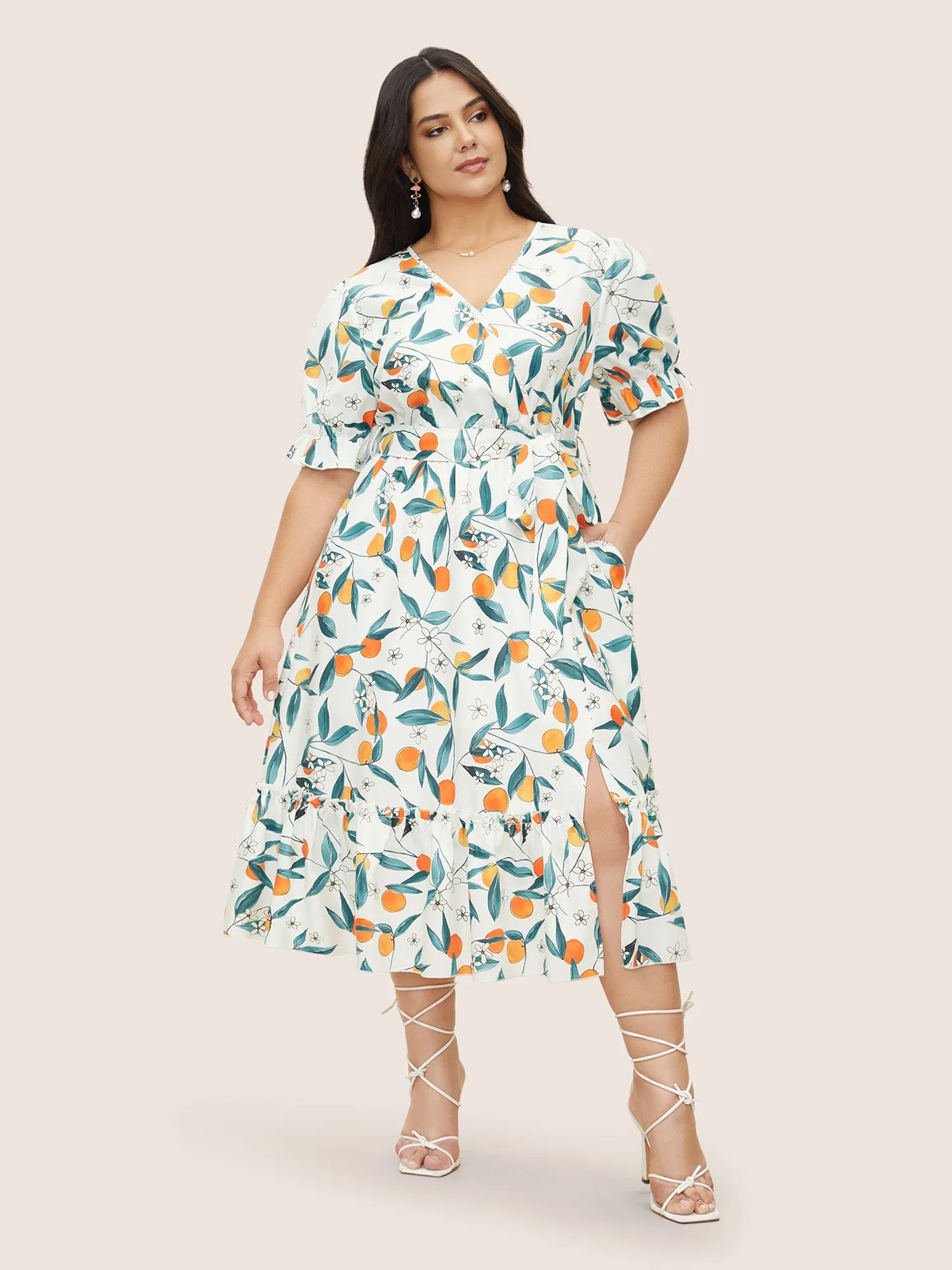 Citrus Orange Print Overlap Collar Frill Trim Split Hem Dress sold by Bloomchic product image thumbnail 2