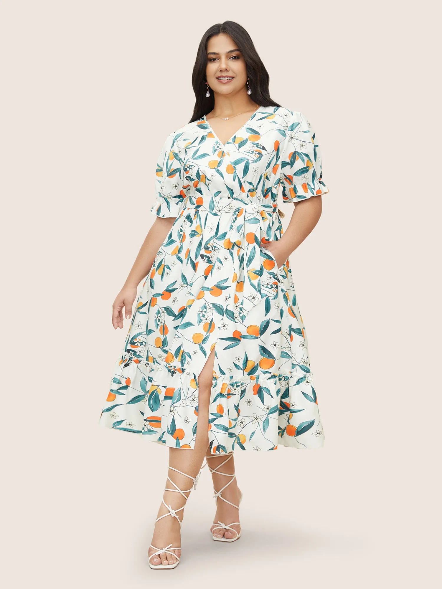 Citrus Orange Print Overlap Collar Frill Trim Split Hem Dress sold by Bloomchic