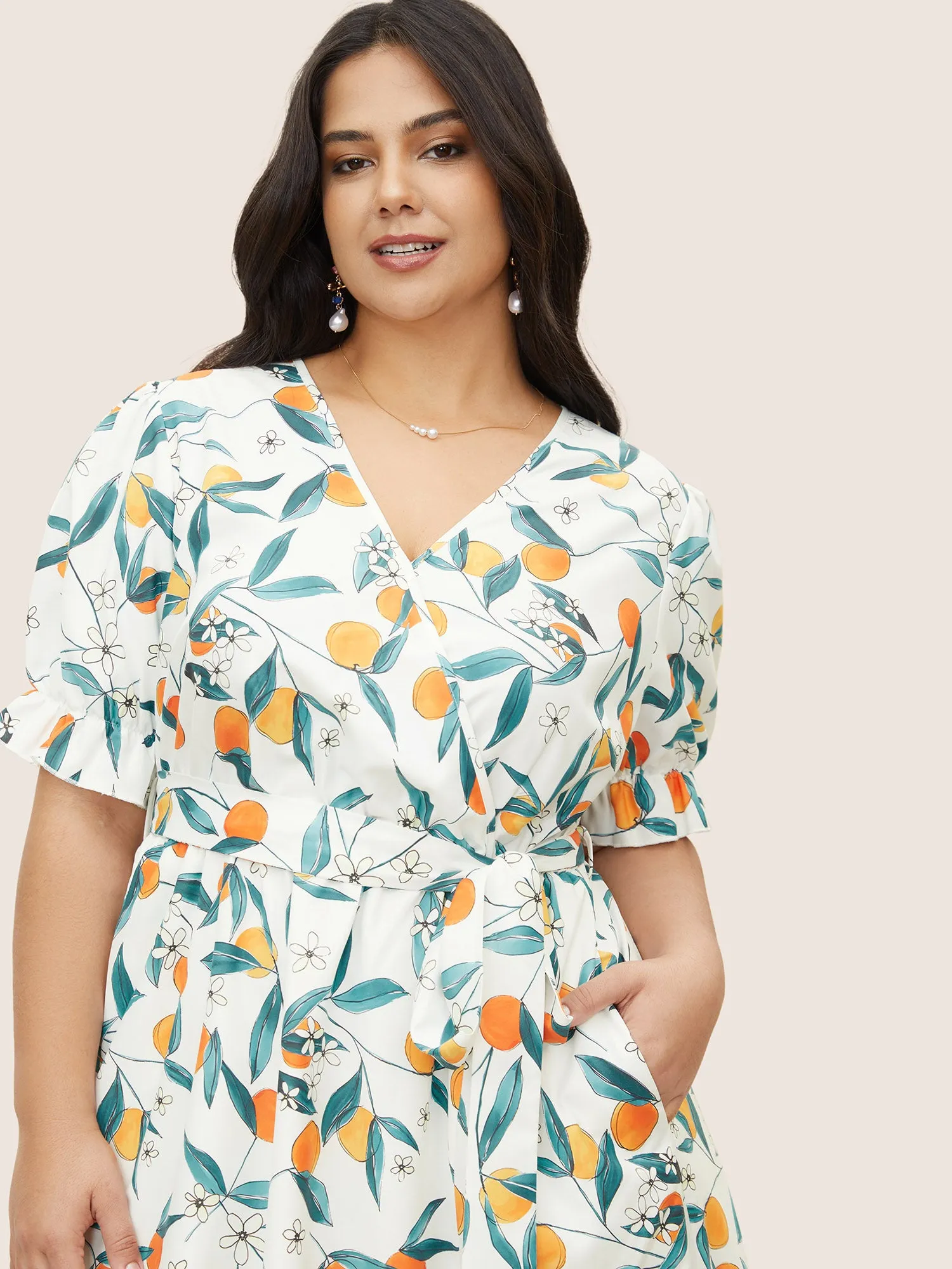 Citrus Orange Print Overlap Collar Frill Trim Split Hem Dress sold by Bloomchic product image thumbnail 4